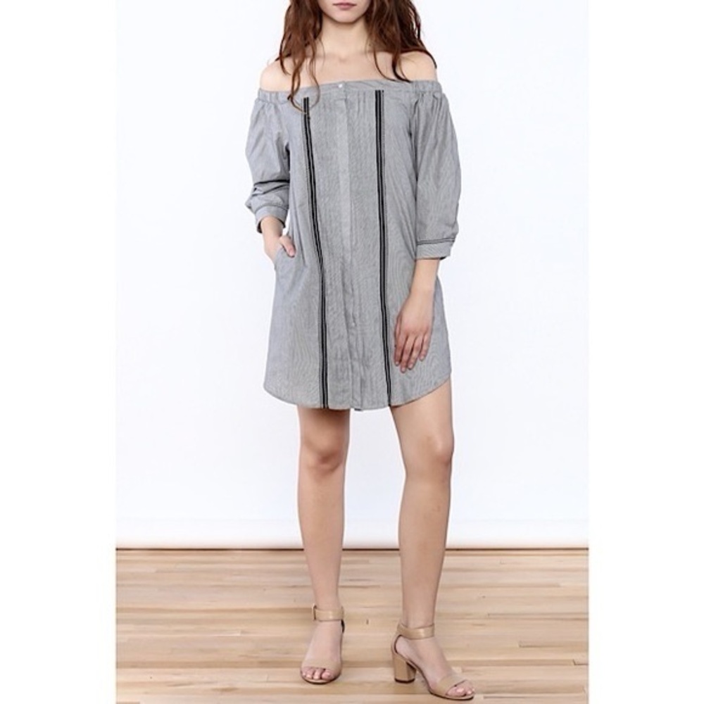 Greyson Anthropologie Off Shoulder Shirt Dress Blue and White Stripe